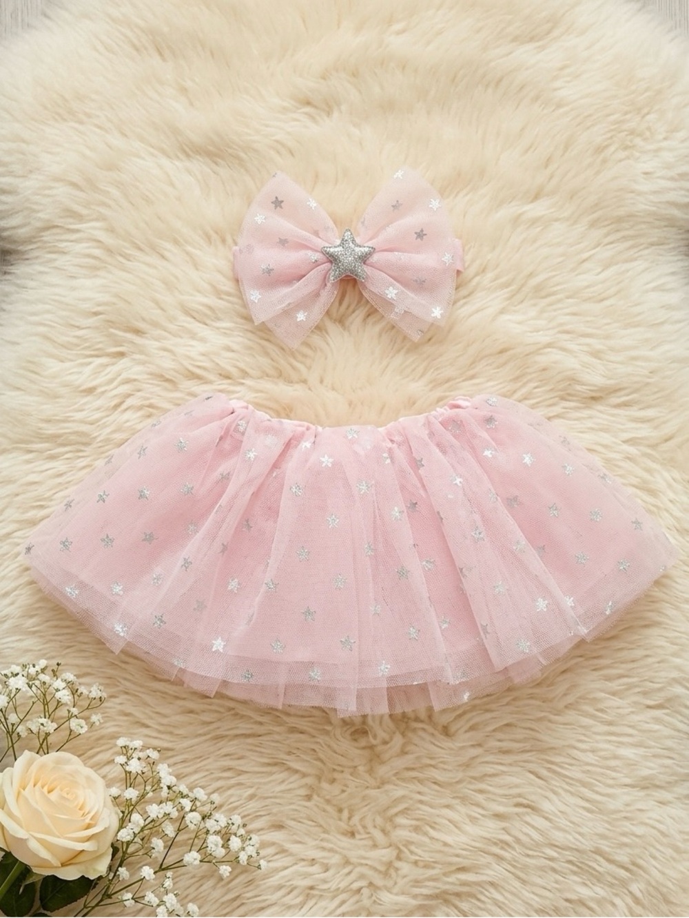 Newborn star tulle skirt & headband pink silver stars